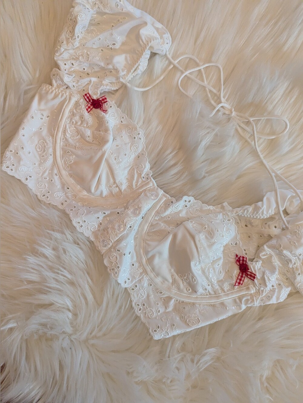 For Love And Lemons White Bra Top With Red Roses and Gingham Bows